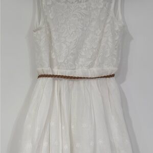 White Lace Kids Dress with Brown Belt